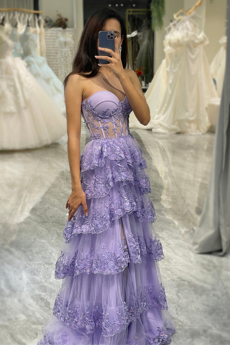 Load image into Gallery viewer, Glitter Purple Sweetheart Long Corset Tiered Formal Dress With Slit