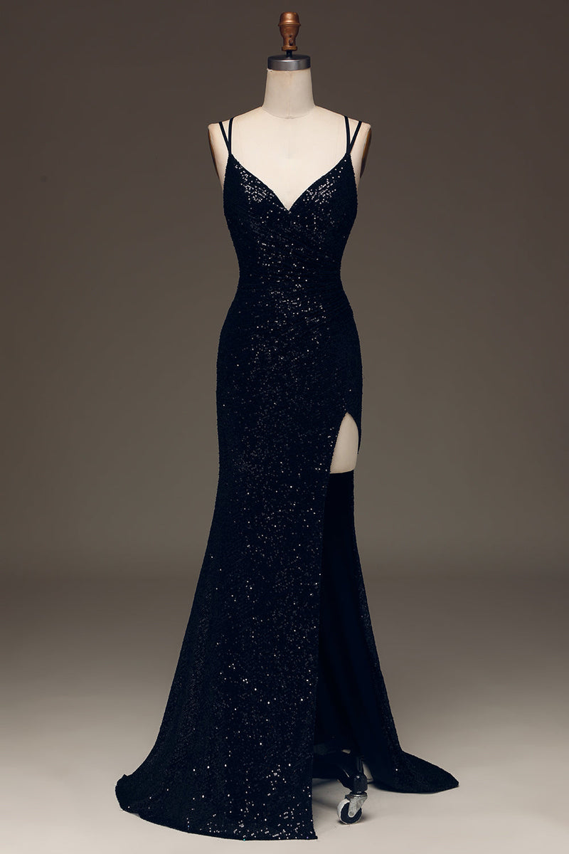 Load image into Gallery viewer, Black Sparkly Sequin Mermaid Long Fromal Dress With Slit