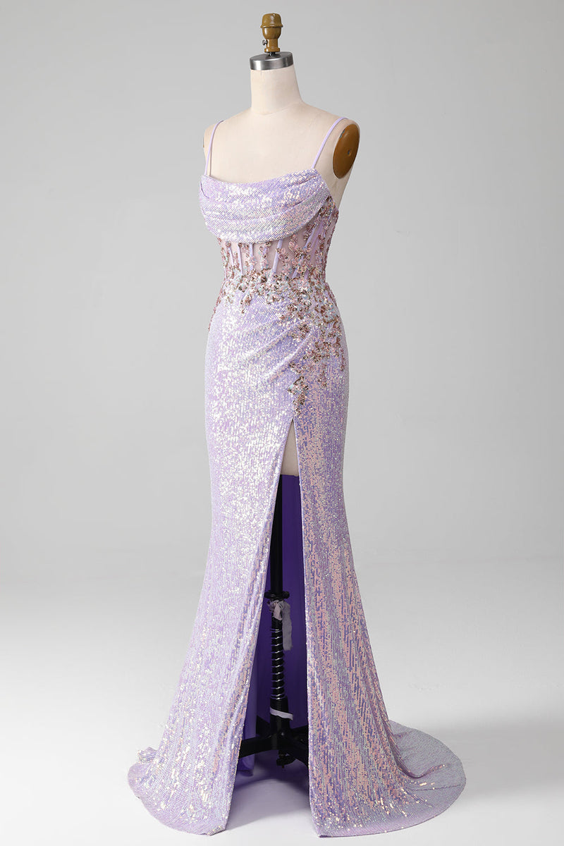 Load image into Gallery viewer, Lilac Sparkly Spaghetti Straps Mermaid Formal Dress with Slit