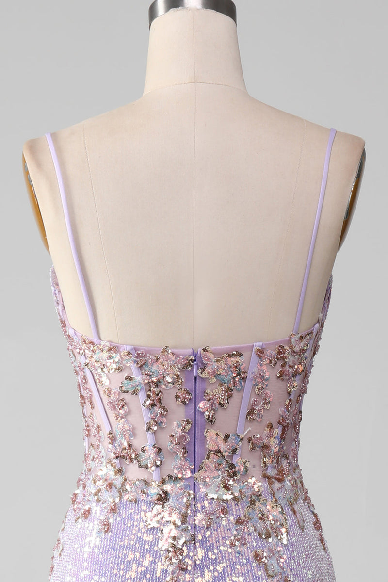 Load image into Gallery viewer, Lilac Sparkly Spaghetti Straps Mermaid Formal Dress with Slit