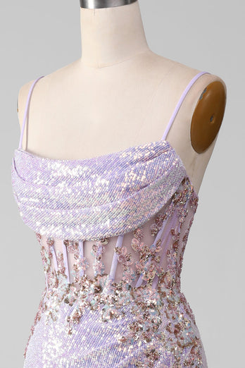 Lilac Sparkly Spaghetti Straps Mermaid Formal Dress with Slit