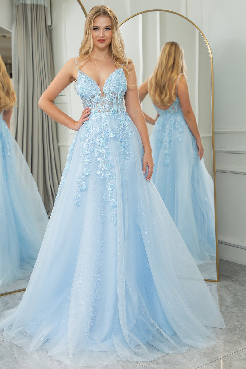 Load image into Gallery viewer, Light Blue A Line Tulle Backless Long Corset Formal Dress With Appliques