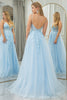 Load image into Gallery viewer, Light Blue A Line Tulle Backless Long Corset Formal Dress With Appliques