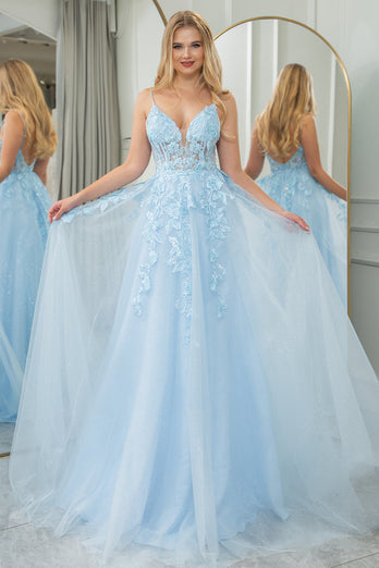 Light Blue A Line Tulle Backless Long Corset Formal Dress With Appliques