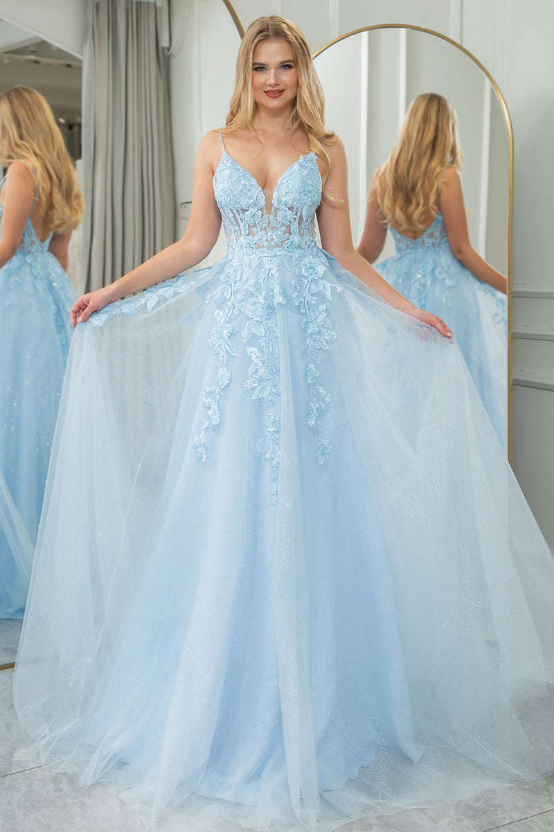 Load image into Gallery viewer, Light Blue A Line Tulle Backless Long Corset Formal Dress With Appliques