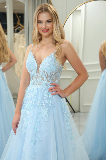 Light Blue A Line Tulle Backless Long Corset Formal Dress With Appliques