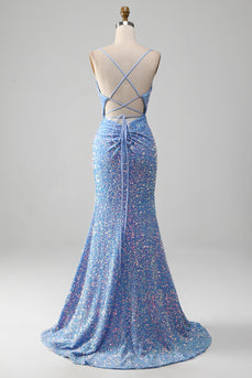 Sparkly Sequins Mermaid Light Blue Formal Dress with Slit