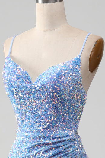 Sparkly Sequins Mermaid Light Blue Formal Dress with Slit