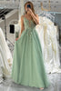 Load image into Gallery viewer, Green A Line Tulle Backless Long Formal Dress With Appliques