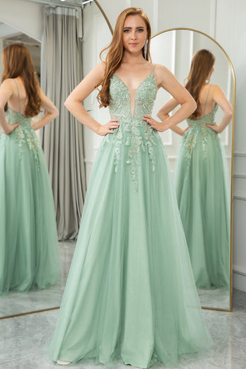 Green A Line Tulle Backless Long Formal Dress With Appliques