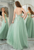 Load image into Gallery viewer, Green A Line Tulle Backless Long Formal Dress With Appliques