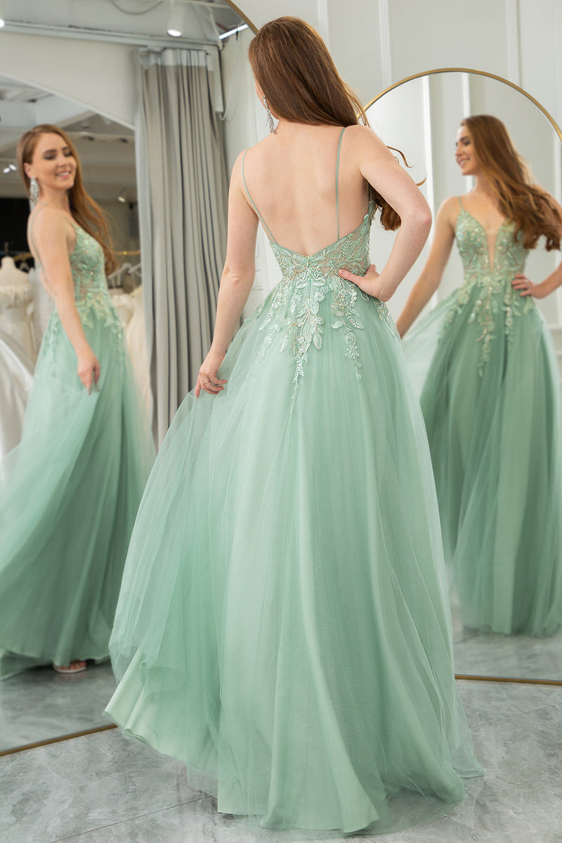 Load image into Gallery viewer, Green A Line Tulle Backless Long Formal Dress With Appliques