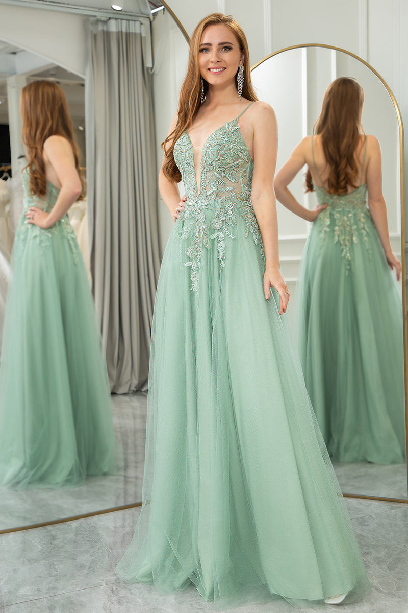 Load image into Gallery viewer, Green A Line Tulle Backless Long Formal Dress With Appliques