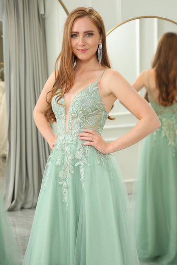 Green A Line Tulle Backless Long Formal Dress With Appliques