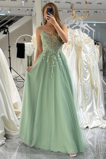 Green A Line Tulle Backless Long Formal Dress With Appliques