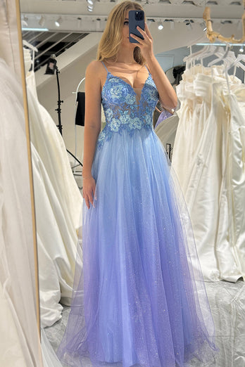 Glitter A Line Tulle Long Formal Dress With Appliques