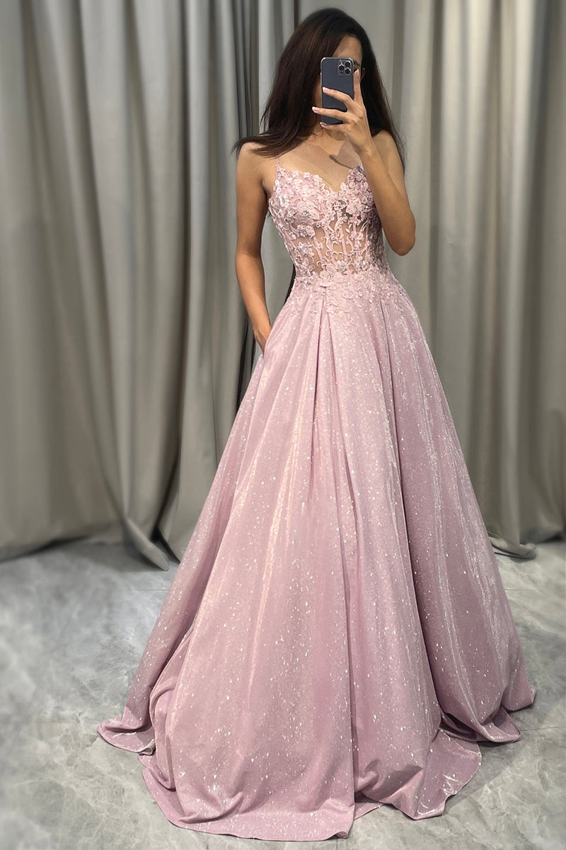 Load image into Gallery viewer, Sparkly Blush A Line Appliqued Long Corset Formal Dress