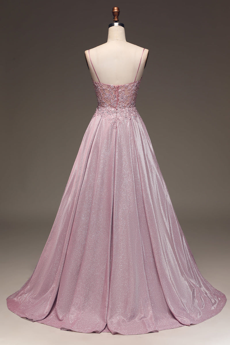 Load image into Gallery viewer, Glitter Beaded Spaghetti Straps Blush Ball Gown with Appliques