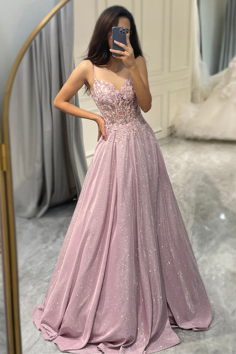 Load image into Gallery viewer, Sparkly Blush A Line Appliqued Long Corset Formal Dress