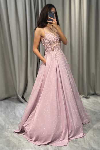 Sparkly Blush A Line Appliqued Long Corset Formal Dress