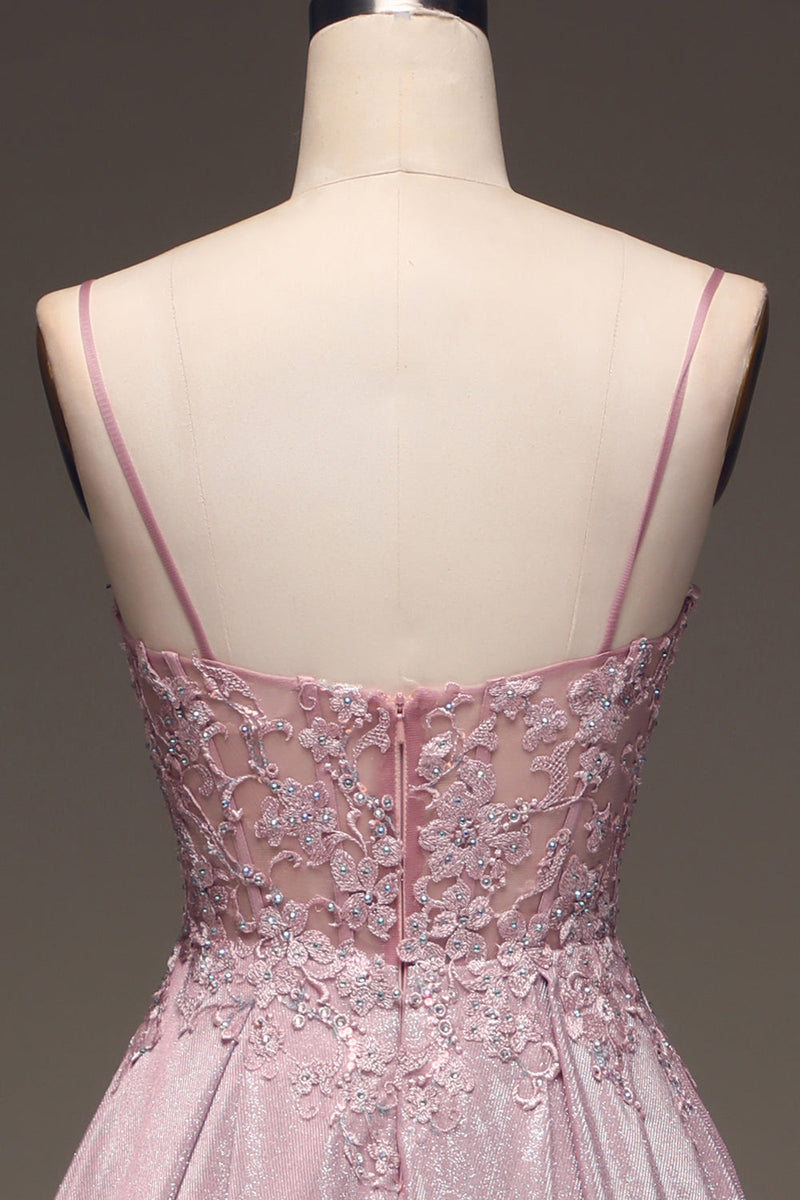 Load image into Gallery viewer, Glitter Beaded Spaghetti Straps Blush Ball Gown with Appliques