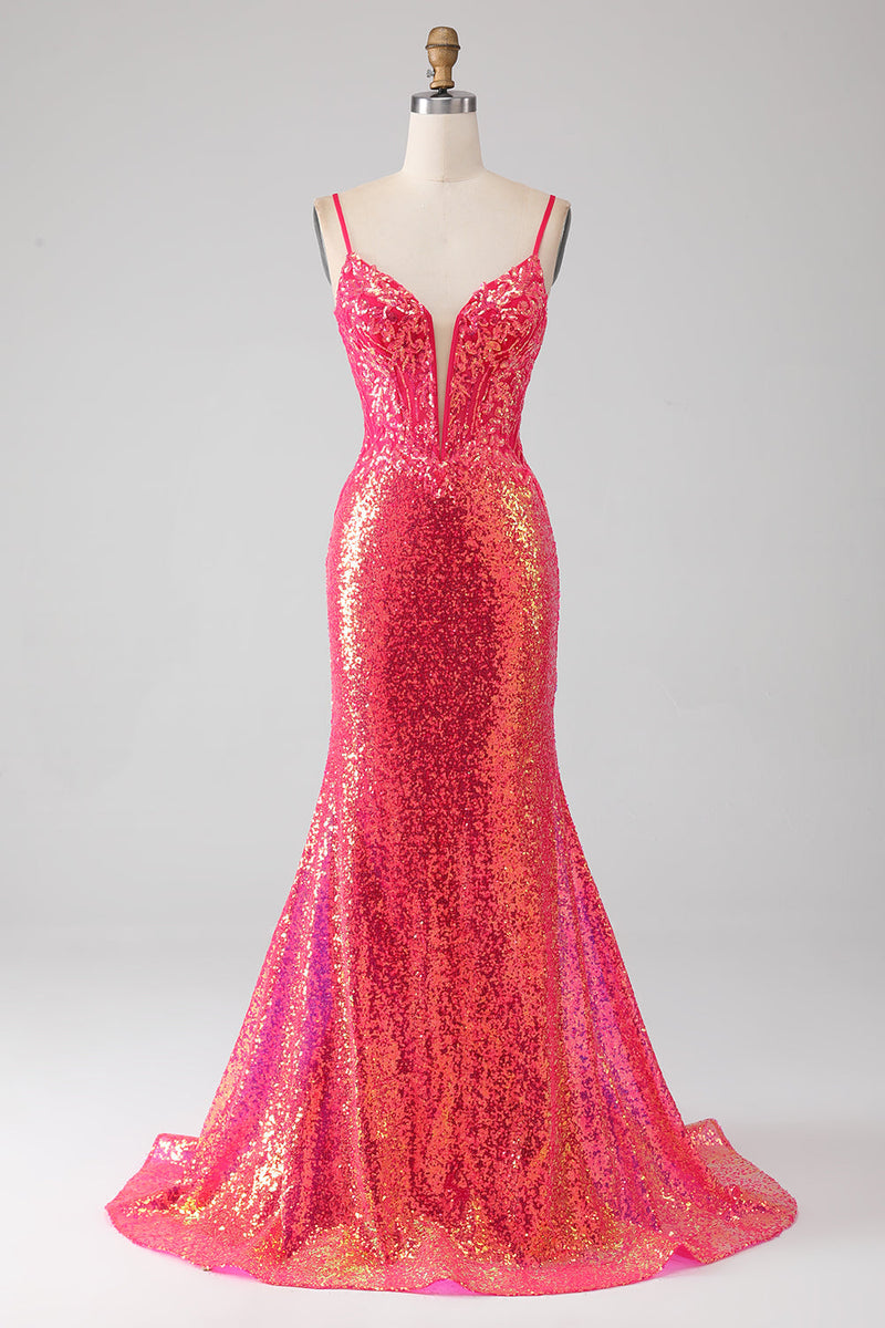 Load image into Gallery viewer, Sparkly Mermaid Fuchsia Long Formal Dress with Sequins