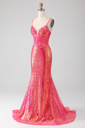 Sparkly Mermaid Fuchsia Long Formal Dress with Sequins