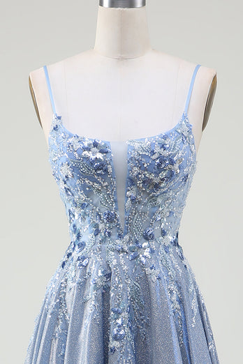 Glitter A-Line Spaghetti Straps Grey Blue Formal Dress