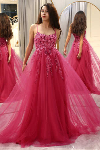 Fuchsia A Line Long Formal Dress With Appliques