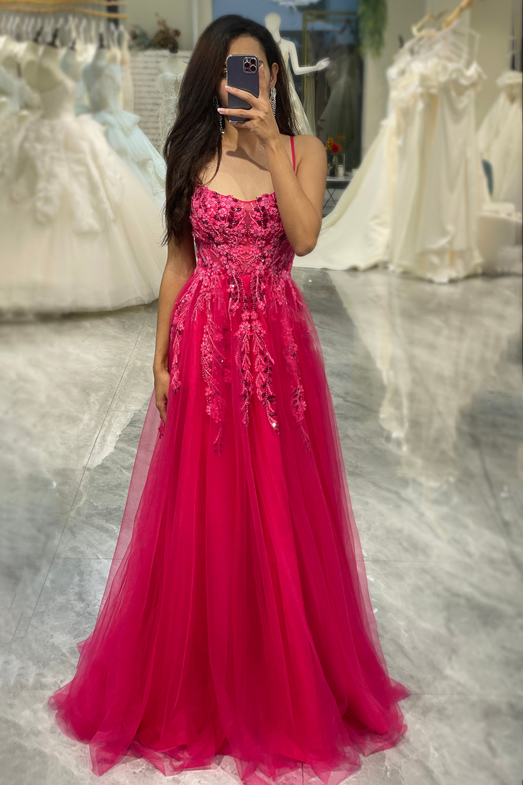 A Line Fuchsia Tulle Long Appliqued Formal Dress