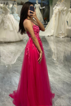 A Line Fuchsia Tulle Long Appliqued Formal Dress