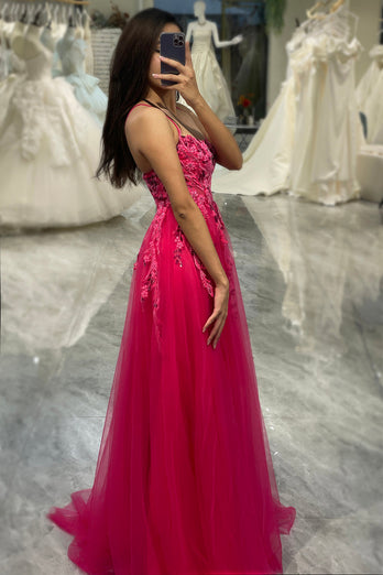 A Line Fuchsia Tulle Long Appliqued Formal Dress