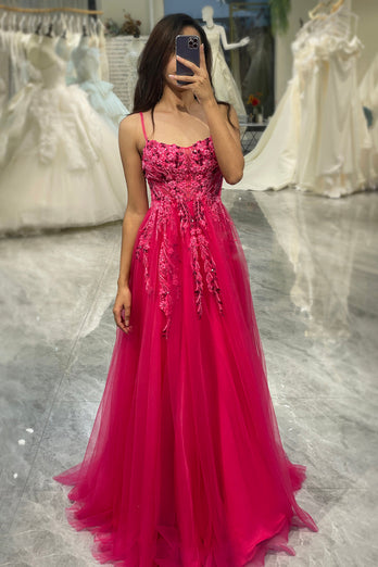 A Line Fuchsia Tulle Long Appliqued Formal Dress