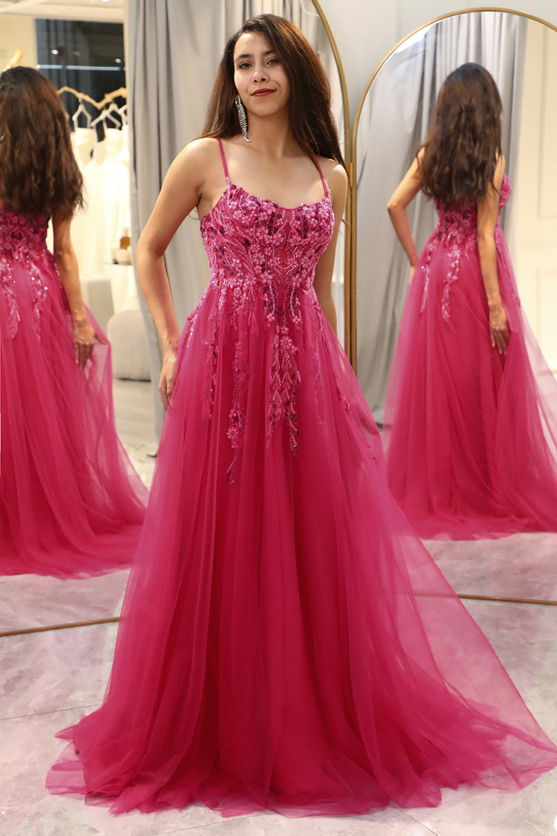 Load image into Gallery viewer, Fuchsia A Line Long Formal Dress With Appliques