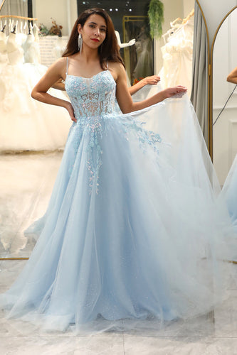 Light Blue A Line Long Corset Formal Dress With Appliques