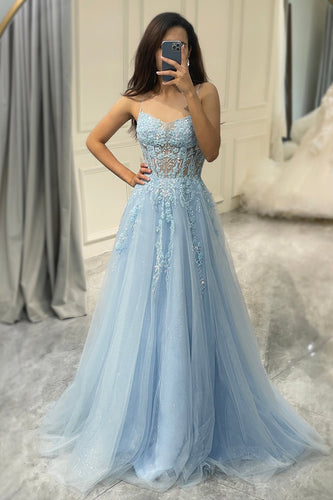 Light Blue A Line Tulle Long Corset Appliqued Formal Dress