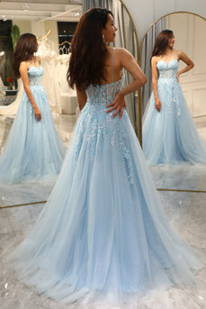 Light Blue A Line Long Corset Formal Dress With Appliques