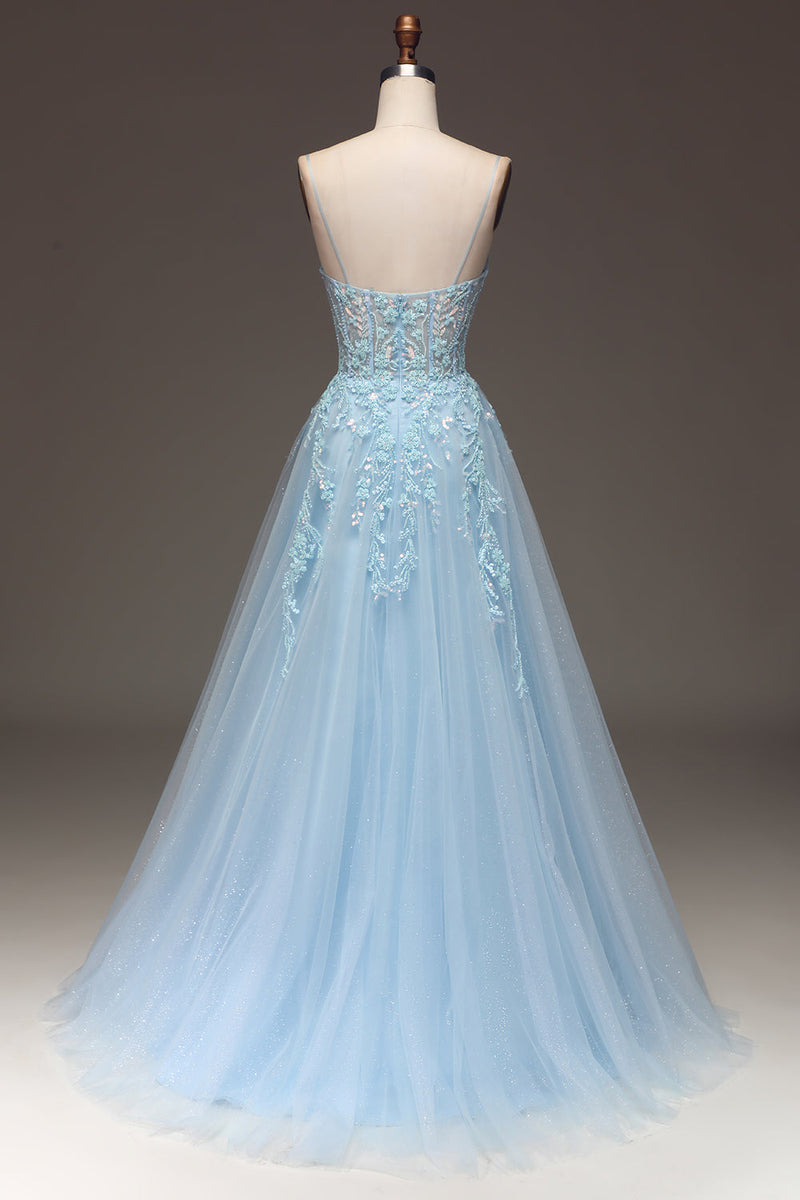 Load image into Gallery viewer, A Line Light Blue Sequin Spaghetti Straps Prom Dress With Appliques