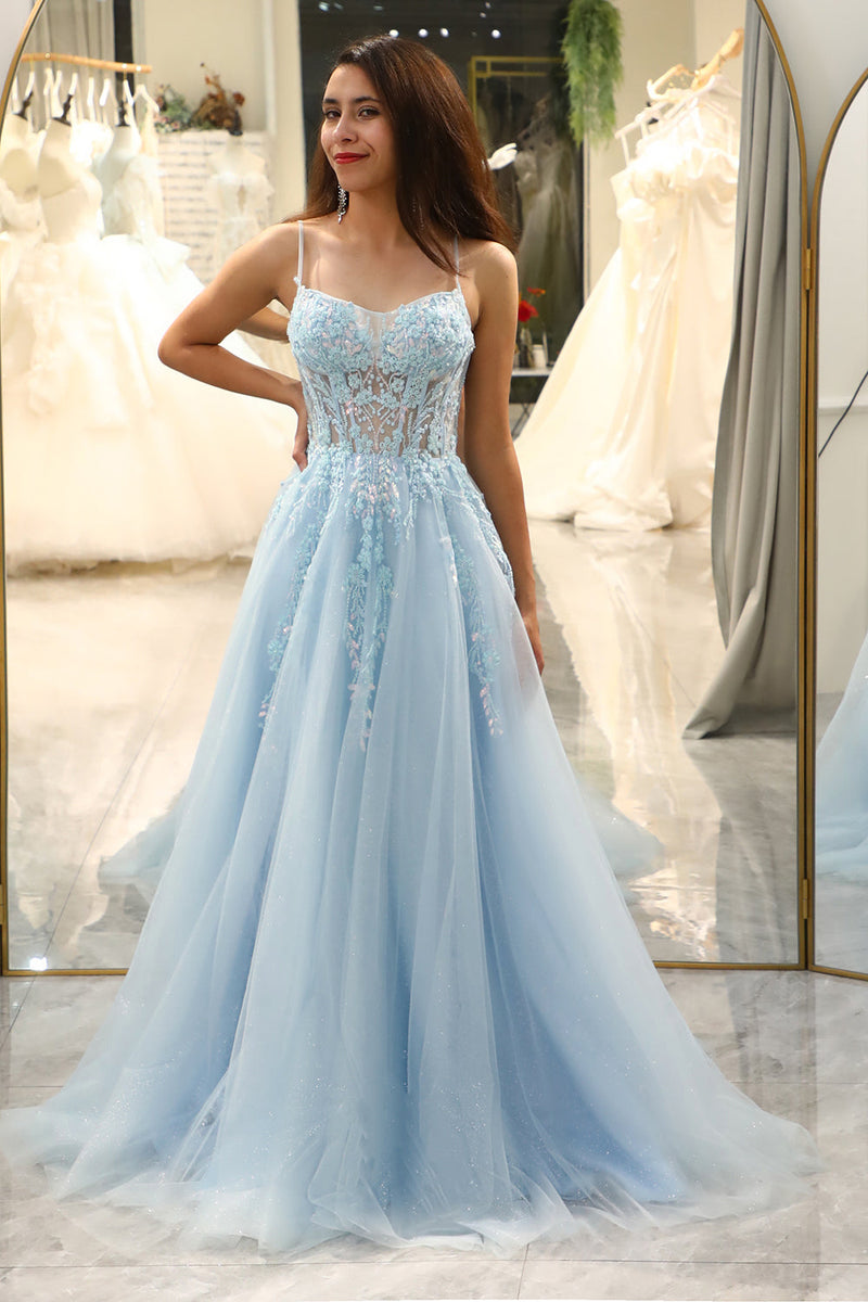 Load image into Gallery viewer, Light Blue A Line Long Corset Formal Dress With Appliques