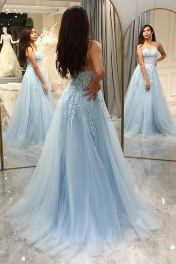 Light Blue A Line Long Corset Formal Dress With Appliques