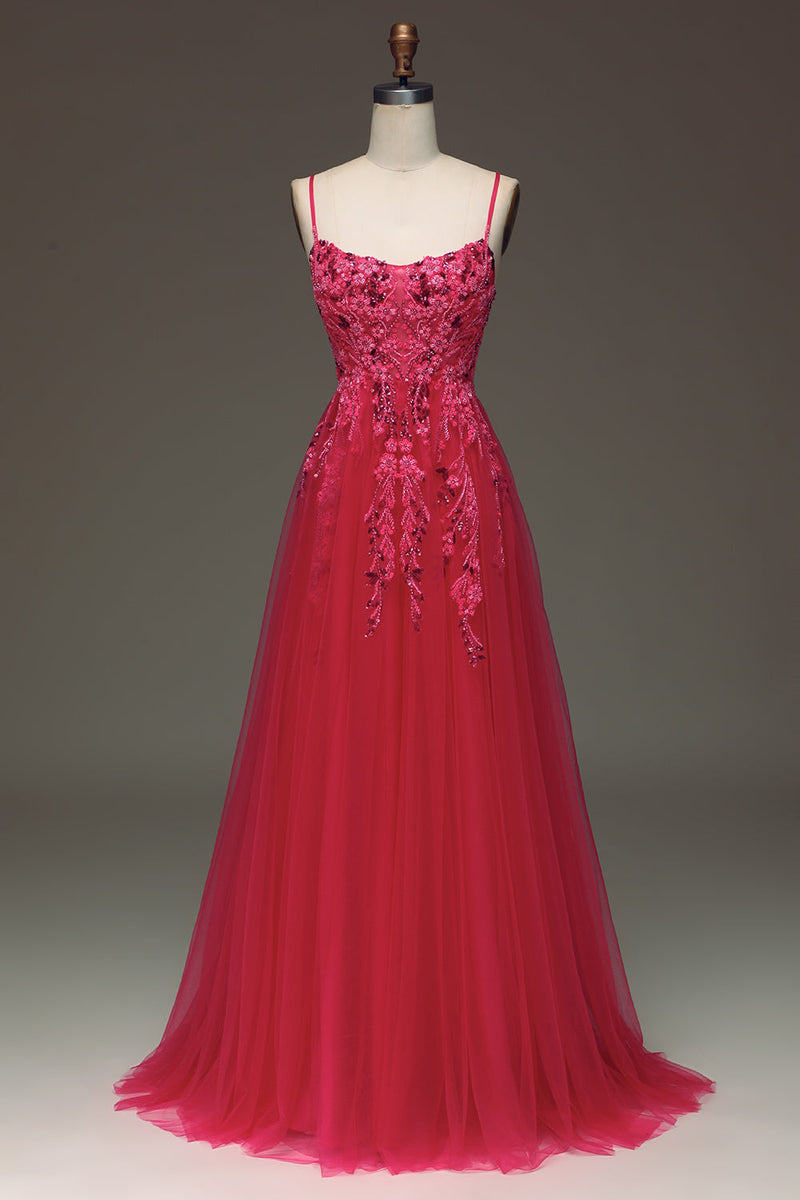 Load image into Gallery viewer, Spaghetti Straps A Line Fuchsia Formal Dress with Appliques