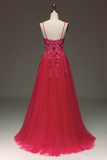 Spaghetti Straps A Line Fuchsia Formal Dress with Appliques