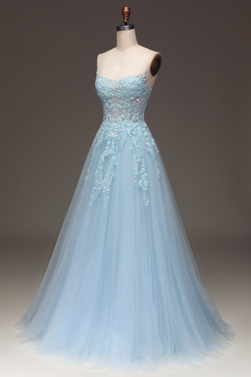 Load image into Gallery viewer, A Line Light Blue Sequin Spaghetti Straps Prom Dress With Appliques