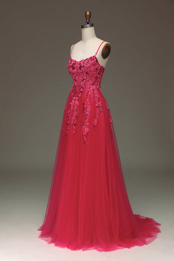 Spaghetti Straps A Line Fuchsia Formal Dress with Appliques