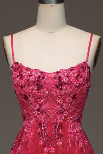 Spaghetti Straps A Line Fuchsia Formal Dress with Appliques