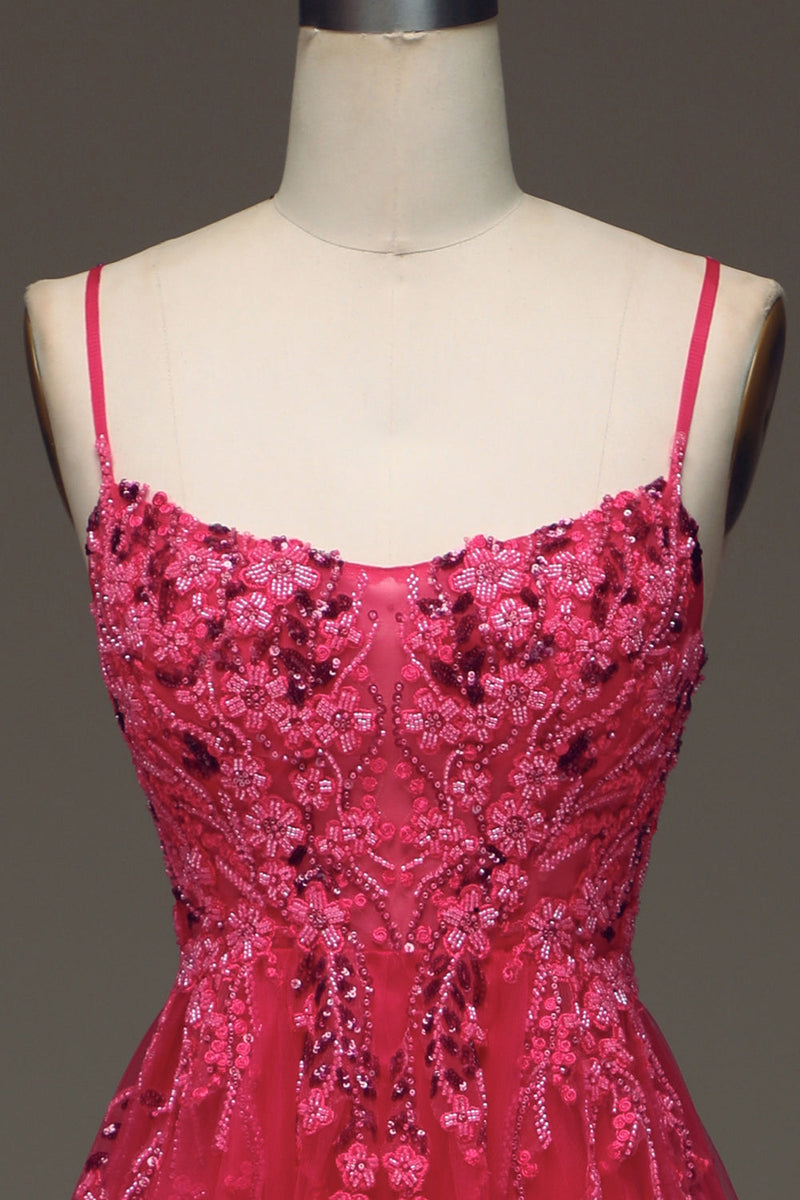 Load image into Gallery viewer, Spaghetti Straps A Line Fuchsia Formal Dress with Appliques