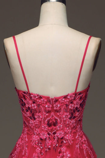 Spaghetti Straps A Line Fuchsia Formal Dress with Appliques