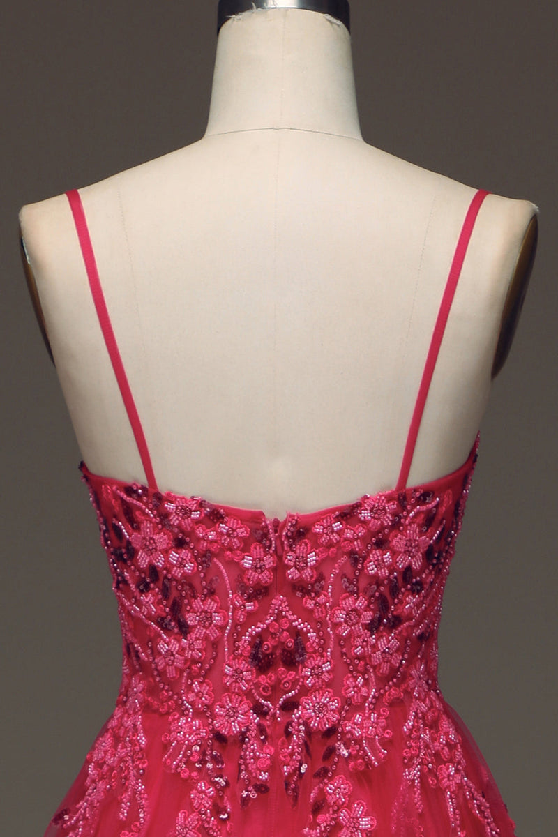 Load image into Gallery viewer, Spaghetti Straps A Line Fuchsia Formal Dress with Appliques