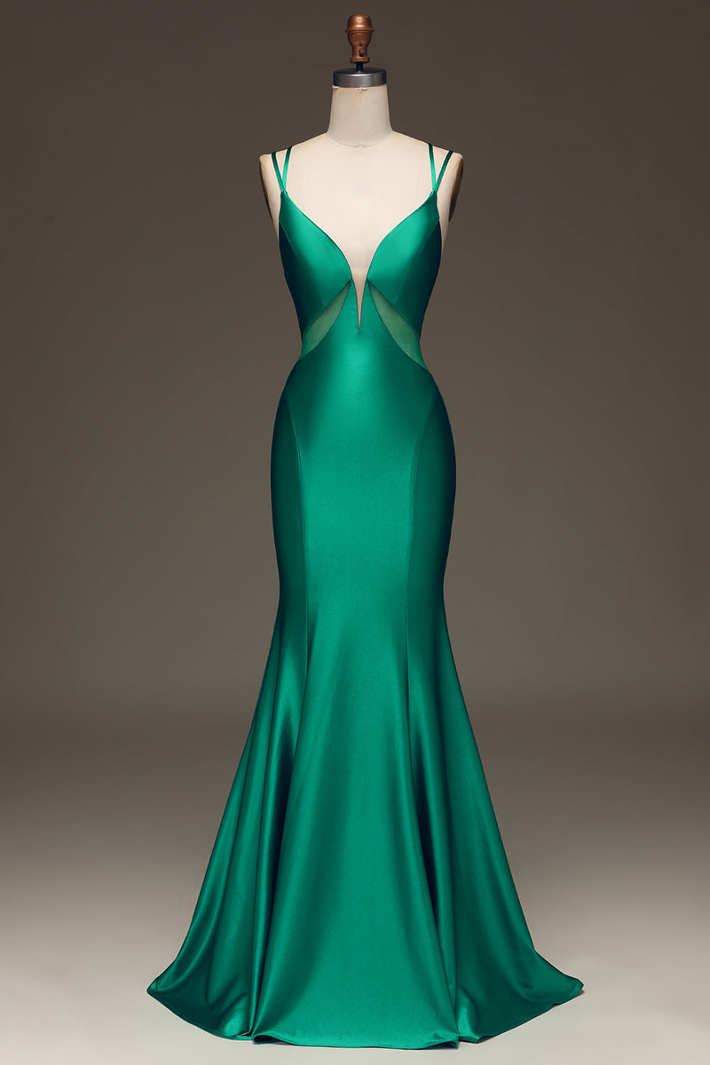 Load image into Gallery viewer, Green Deep V-neck Satin Mermaid Formal Dress with Lace-up Back