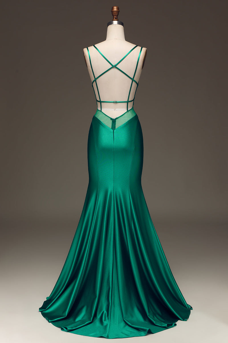 Load image into Gallery viewer, Green Deep V-neck Satin Mermaid Formal Dress with Lace-up Back